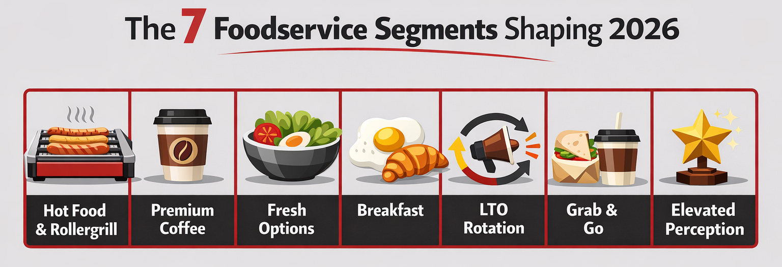 Inforgraphic of the 7 foodservice segments shaping 2026 including hot food and rollergrill, premium coffee, fresh options, breakfast, LTO rotation, Grab & Go, and Elevated perception
