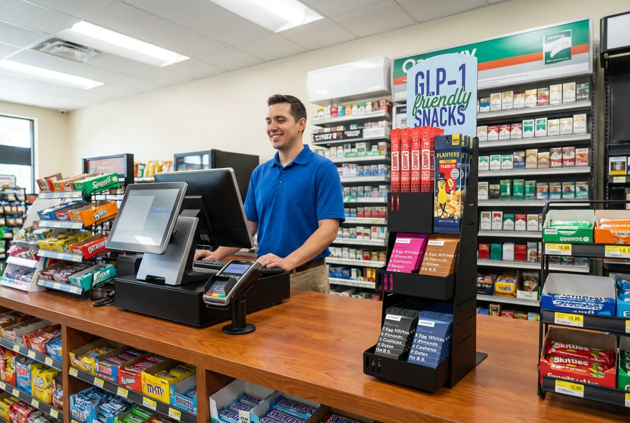 PanelRak Impulse Merchandiser with GLP-1 Snacks at a sales register in a Convenience Store