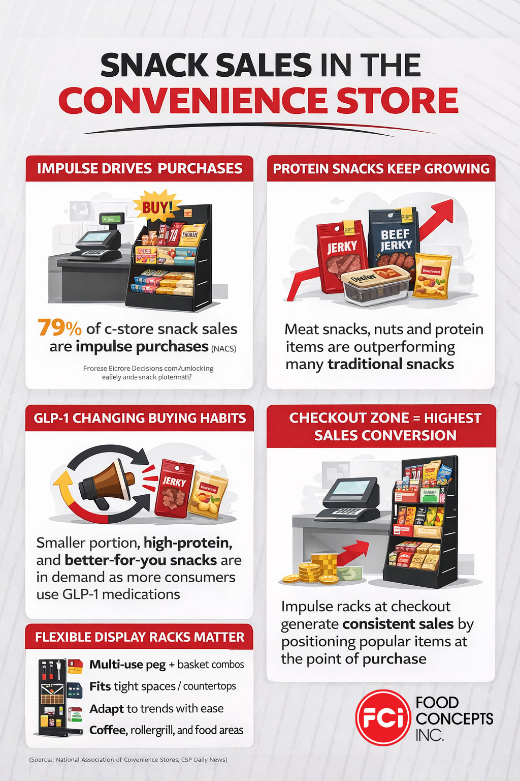 Infographic about snack sales in the convenience store highlighting that impulse purchases of snacks, meats snacks, and protein items (GLP-1 friendly) generate sales at the checkout because of flexible merchandising like the PanelRak Impulse Merchandiser.