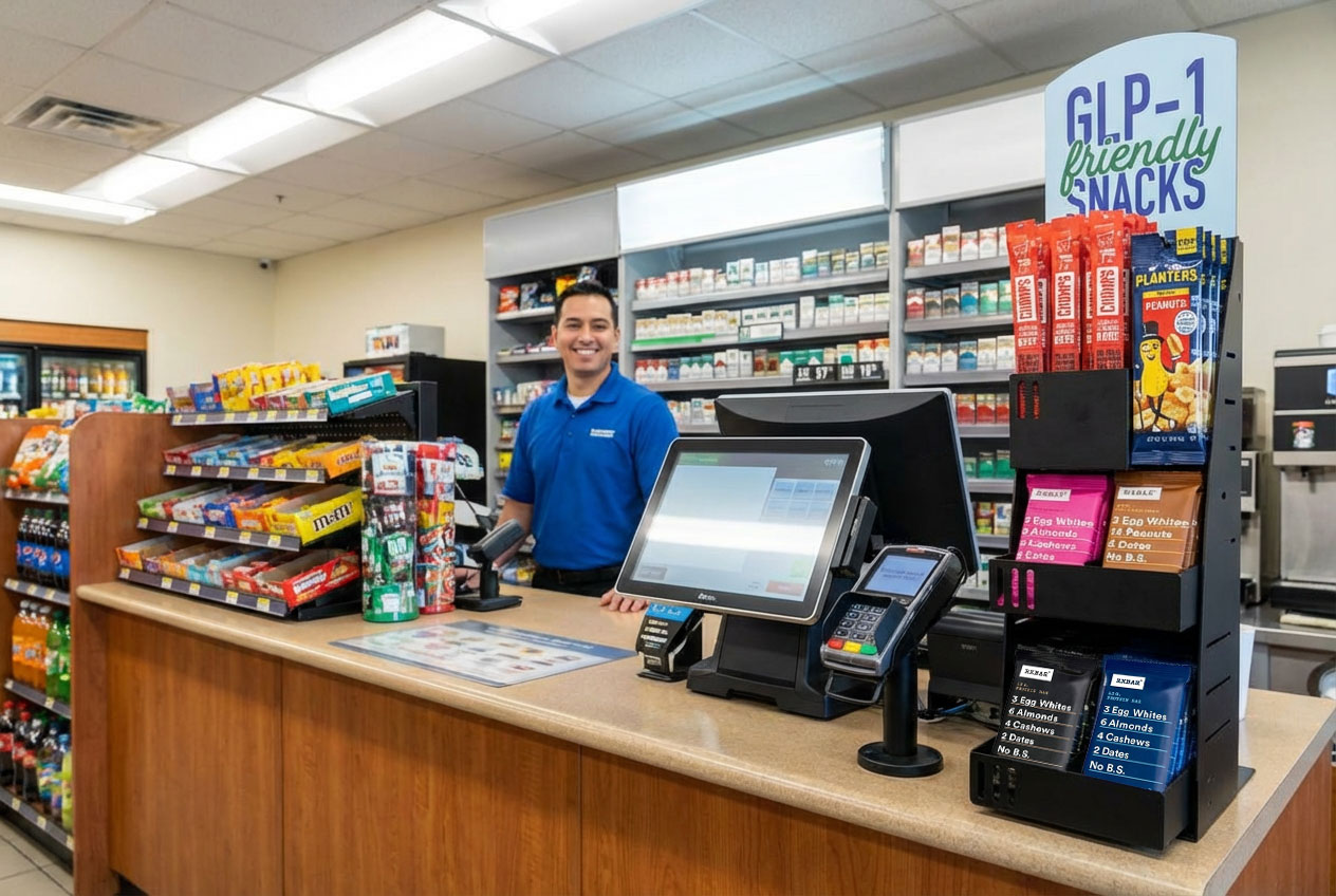Impulse merchandiser display at convenience store checkout with snacks and grab and go items