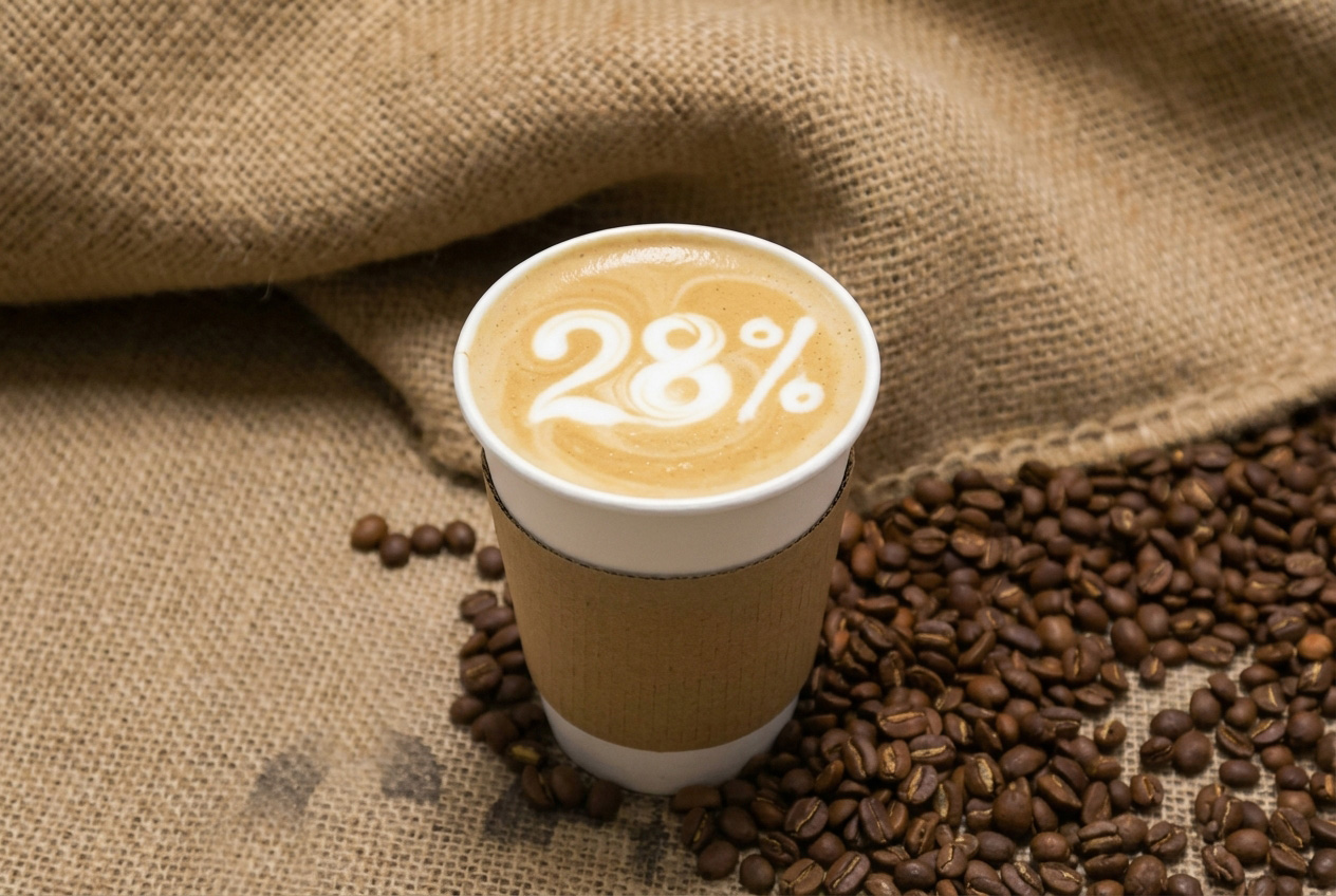 Coffee cup with 28% written in it