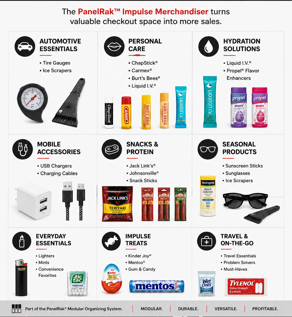 Infographic showing many things which could be merchandised at a retail register such as chapstick, USB Cables, Protein Snacks, Candy, Lighters, and Travel goods. 

