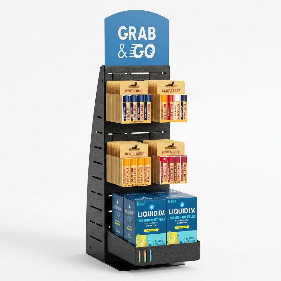 PanelRak™ Impulse rack with Burt's Bees Wax and Liquid I.V. to fast sell at a checkout station in a convenience store
