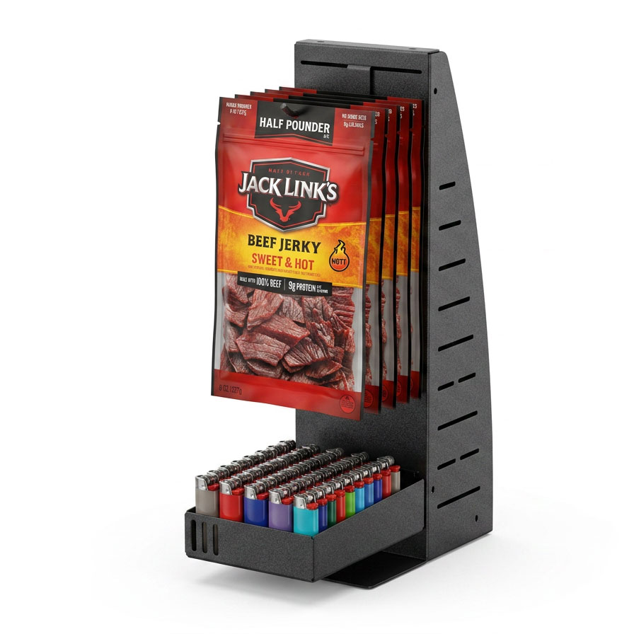 Impulse Merchandiser Rack with Jack Links Beef Jerky and lighters to place near a C-Store register.