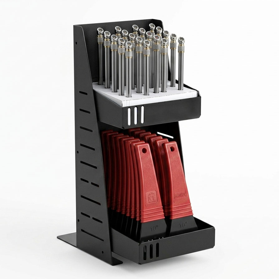 Automotive equipment like ice scrapers and tire gauges in a PanelRak™ Impulse Merchandiser for quick impulse sales at checkout