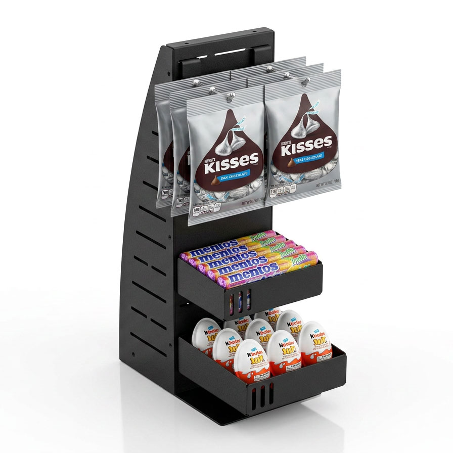 Candy at a register in a retail store sitting in a PanelRak™ Impulse Merchandiser. This rack is great for quick grab and go items like bagged candy, boxes of candy bars, or other novelty items.

