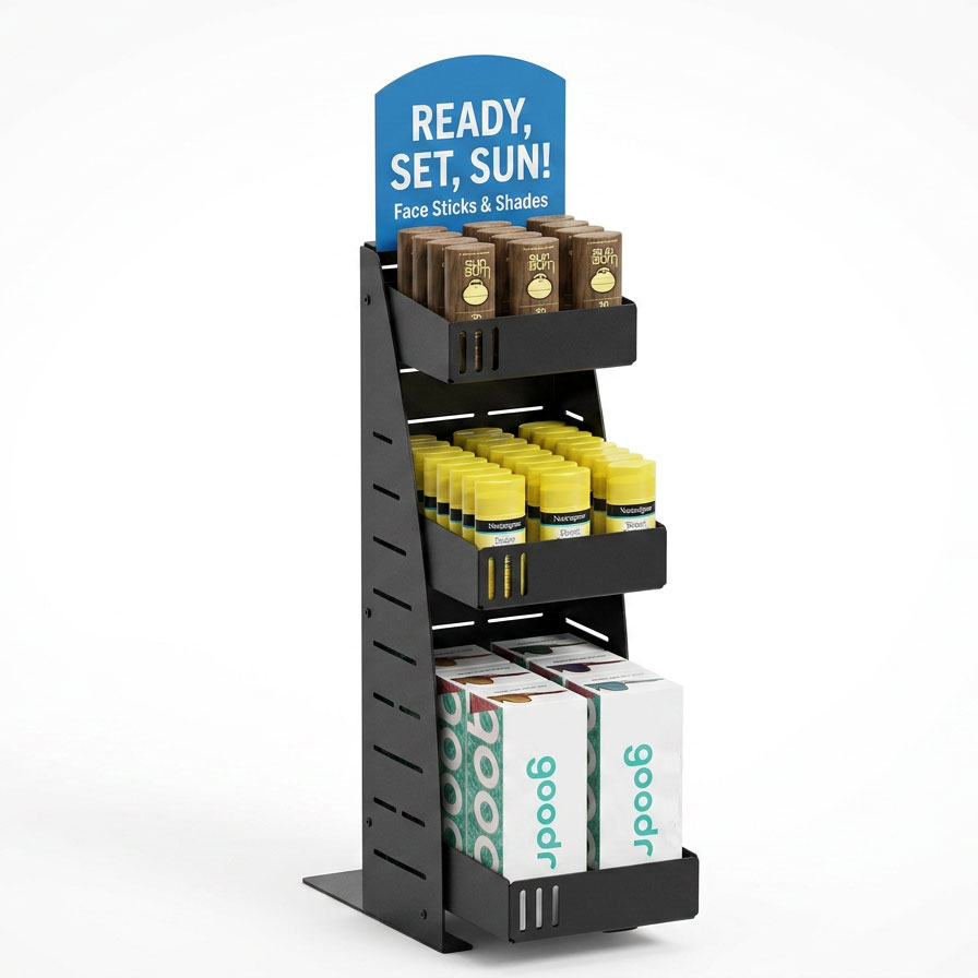 Impulse Sales Rack with seasonal products like sun screen and sun glasses to place at a register in a c-store or other retail store
