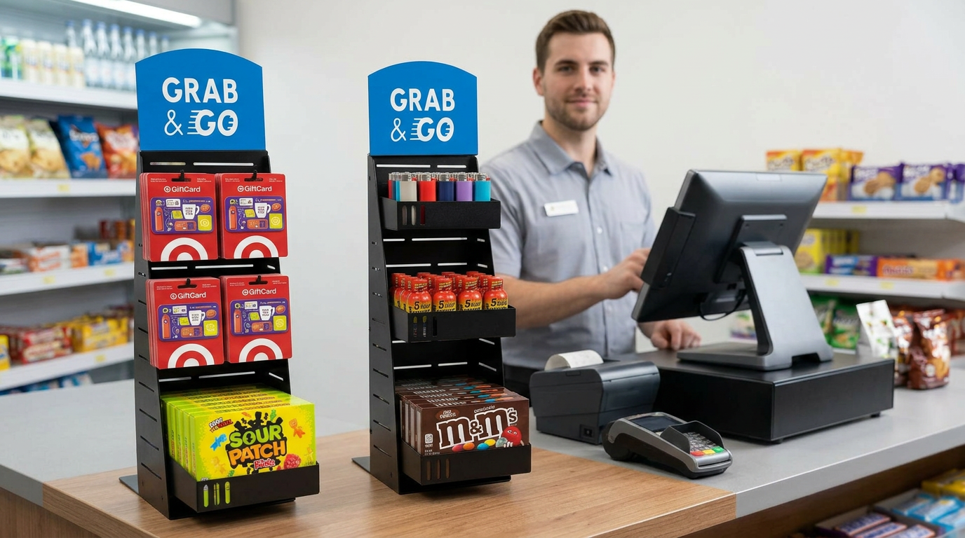 Panelrak™ Impulse Merchandiser with gift cards, lighters, candy and 5 Hour Energy at a C-Store transaction counter is useful for quick grab-n-go sales.