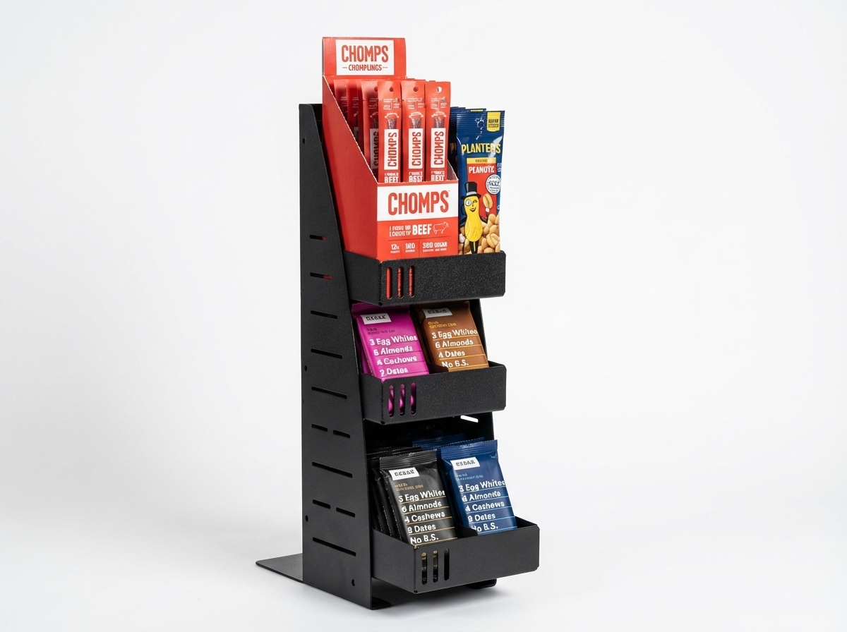Granola bars, nuts, and meat sticks in an impulse rack