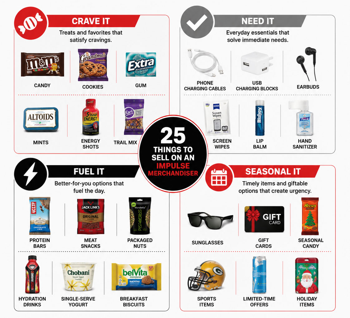 Image showing the 4 categories of impulse sale items including what is needed and craved.