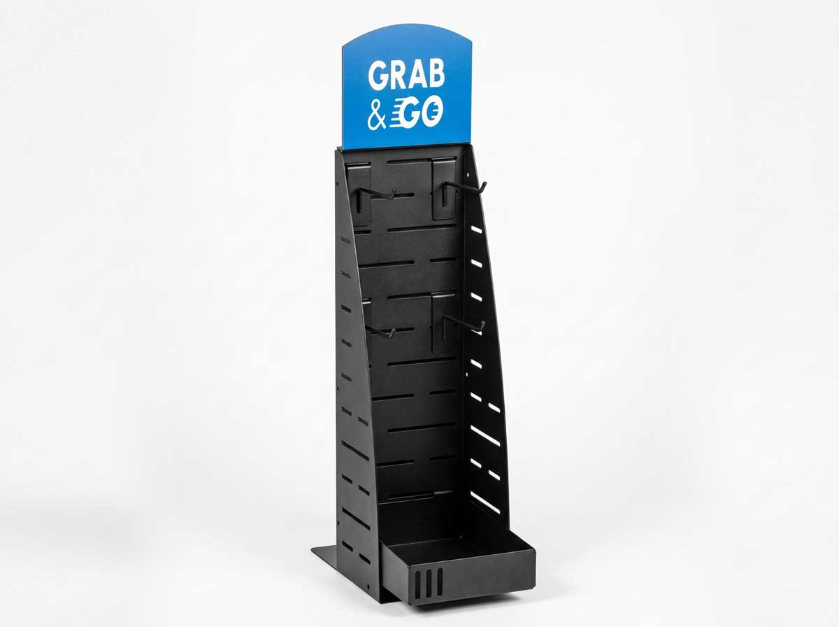 Impulse Merchandiser is extremely adjustable and configurable with multiple baskets and hooks able to be moved into multiple areas. 
