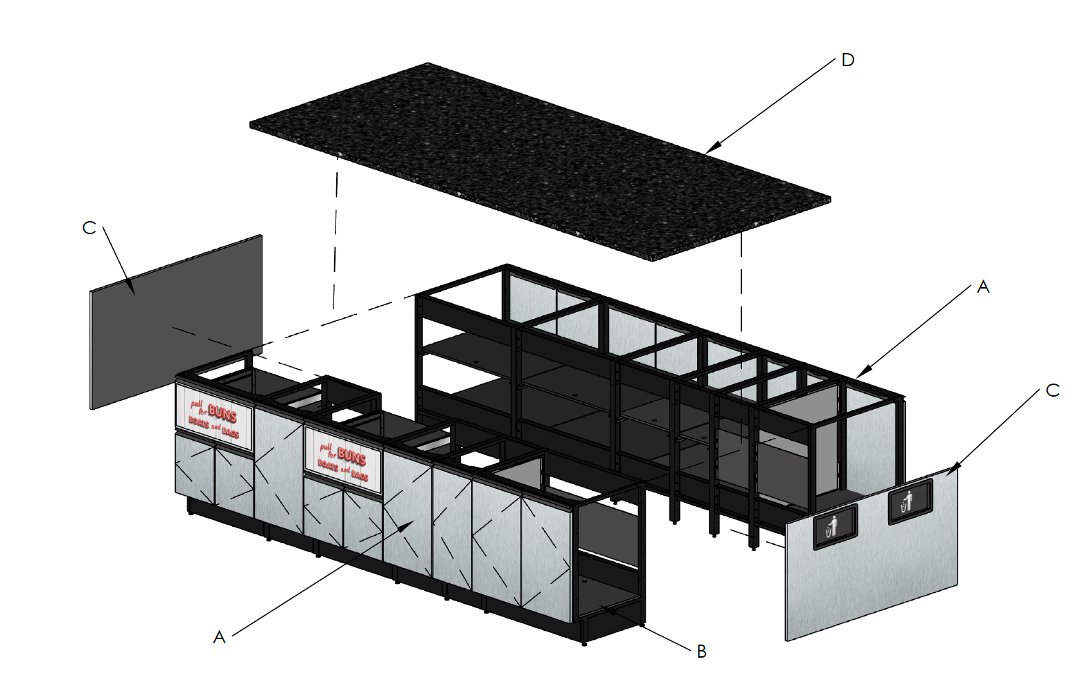 Exploded view of a modular foodservice environment showing cabinetry, shelving, work surfaces and structural components