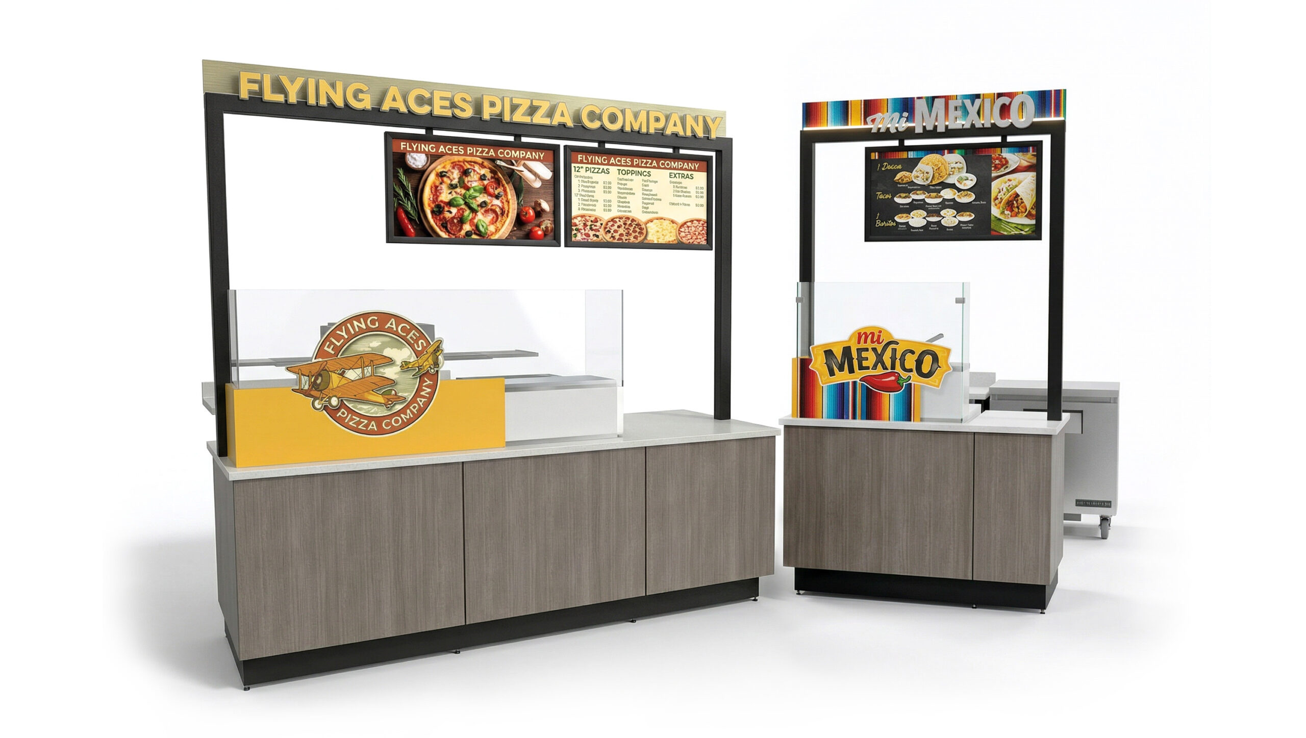 Rendered convenience store foodservice kiosk using MTF Cabinetry™ with branded service counters