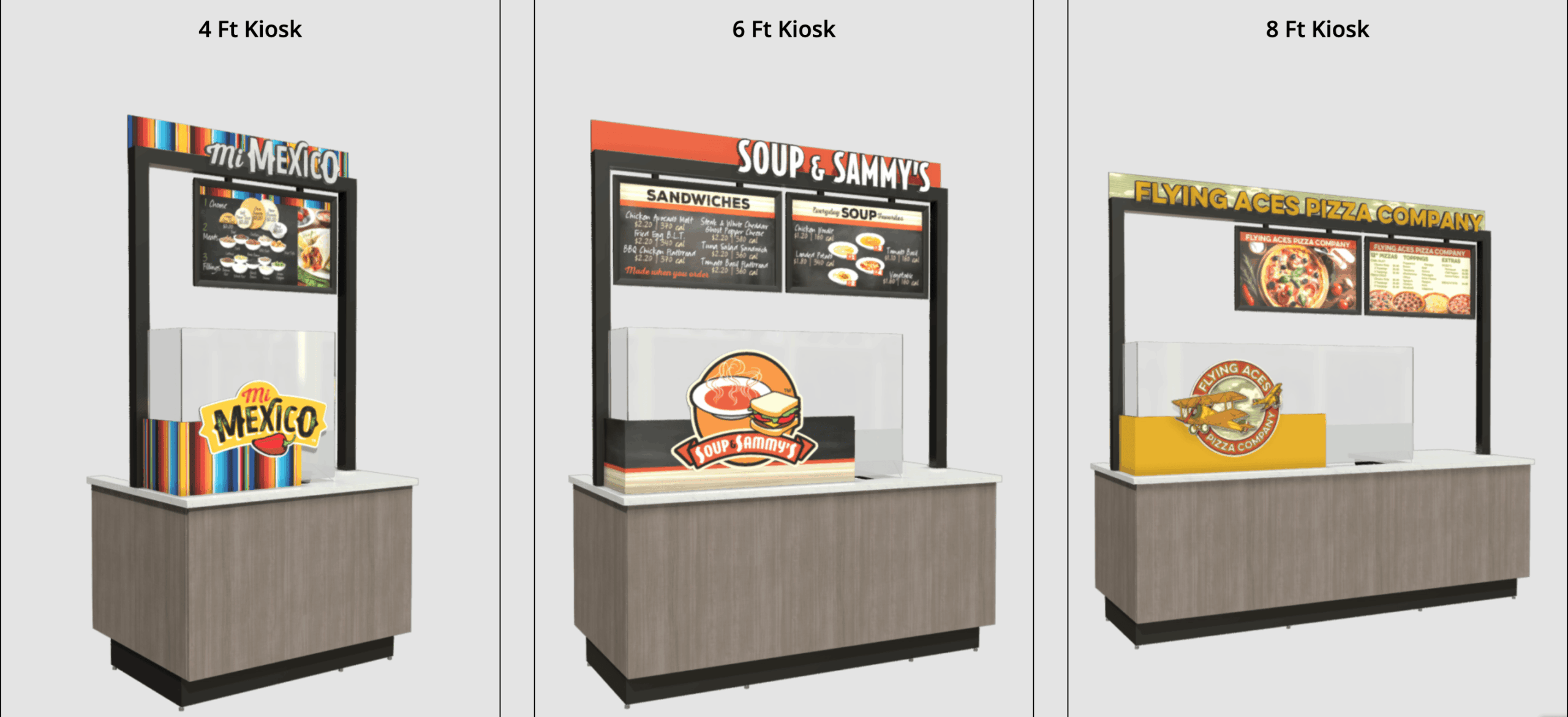 Three MTF Cabinetry™ foodservice kiosk configurations for convenience store and retail foodservice programs